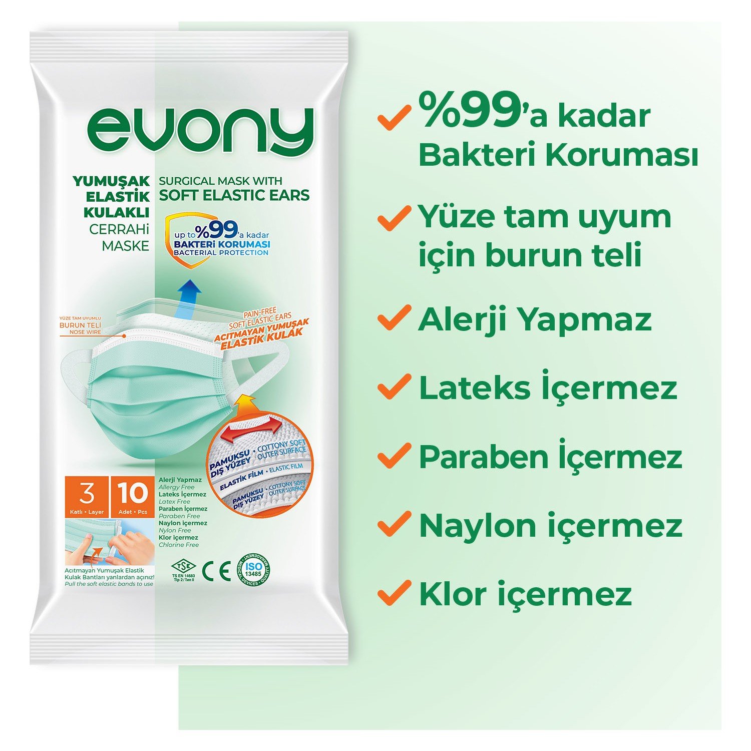 Evony Yumuşak Elastik Kulaklı Maske 10'lu