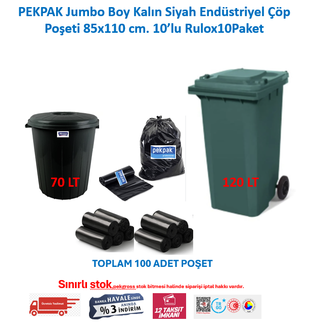 Endüstriyel Jumbo Boy Çöp Torbası 85x110 Cm Siyah 10'lu Rulo x 10 Pakek (100 Kullanım)