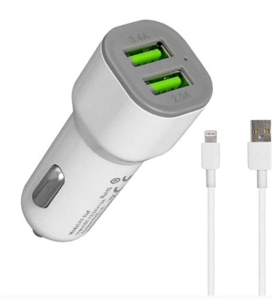 Hytech HY-X44 iPhone Lightning Kablolu 3.1A Hızlı Şarj 2 USB Beyaz Araç Şarj Cihazı