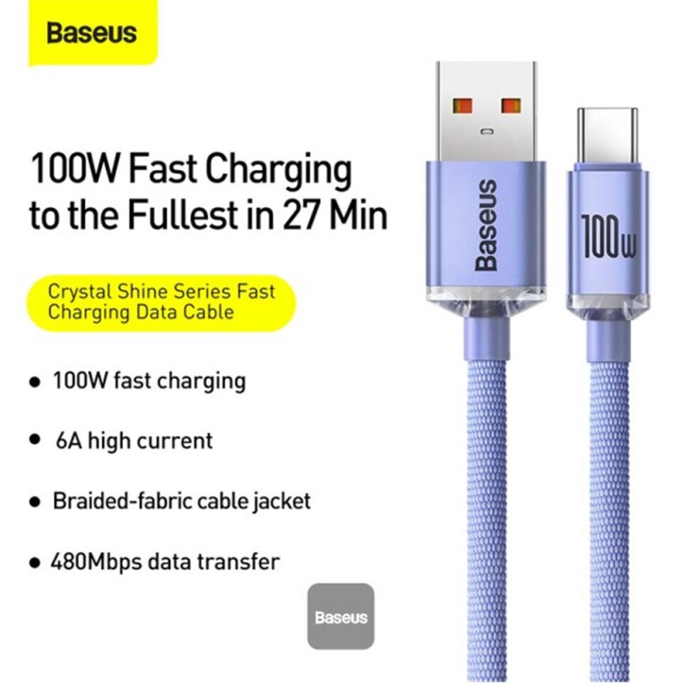 Baseus CAJY000405 1.2mt Crystal Cable USB-A to Type-C Fast Charge Data Cable 100W 5A1.2M-Purple
