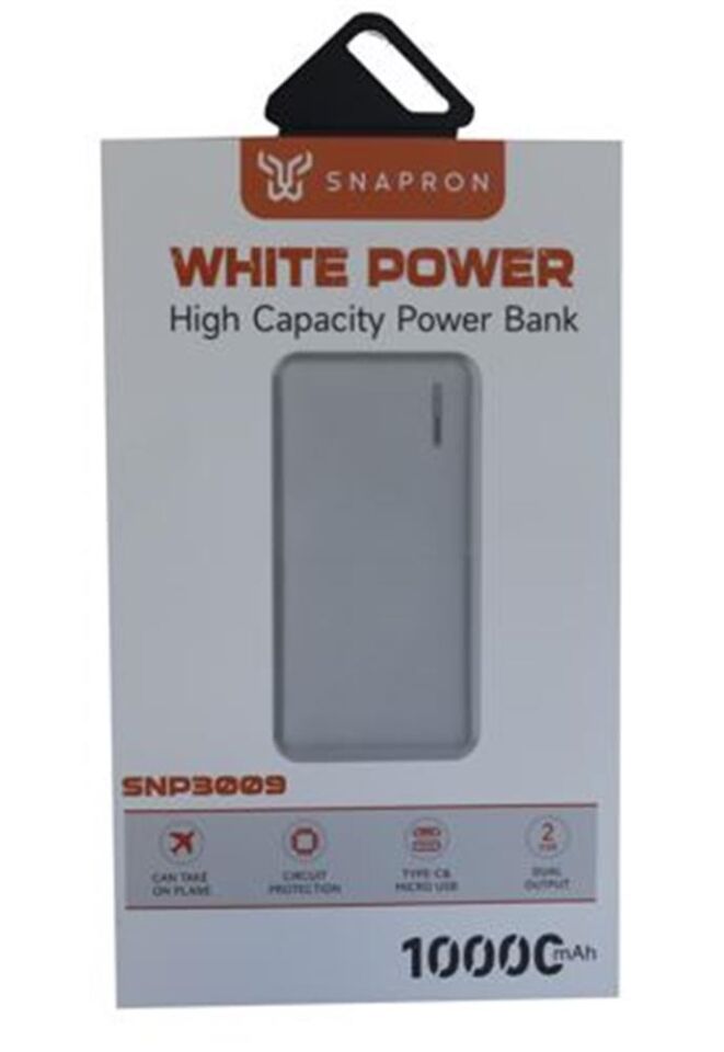SnapMax SNP-3009 Beyaz 10.000 mah Powerbank 2x USB Çıkışlı 1 Type-C ve 1 Micro Girişli