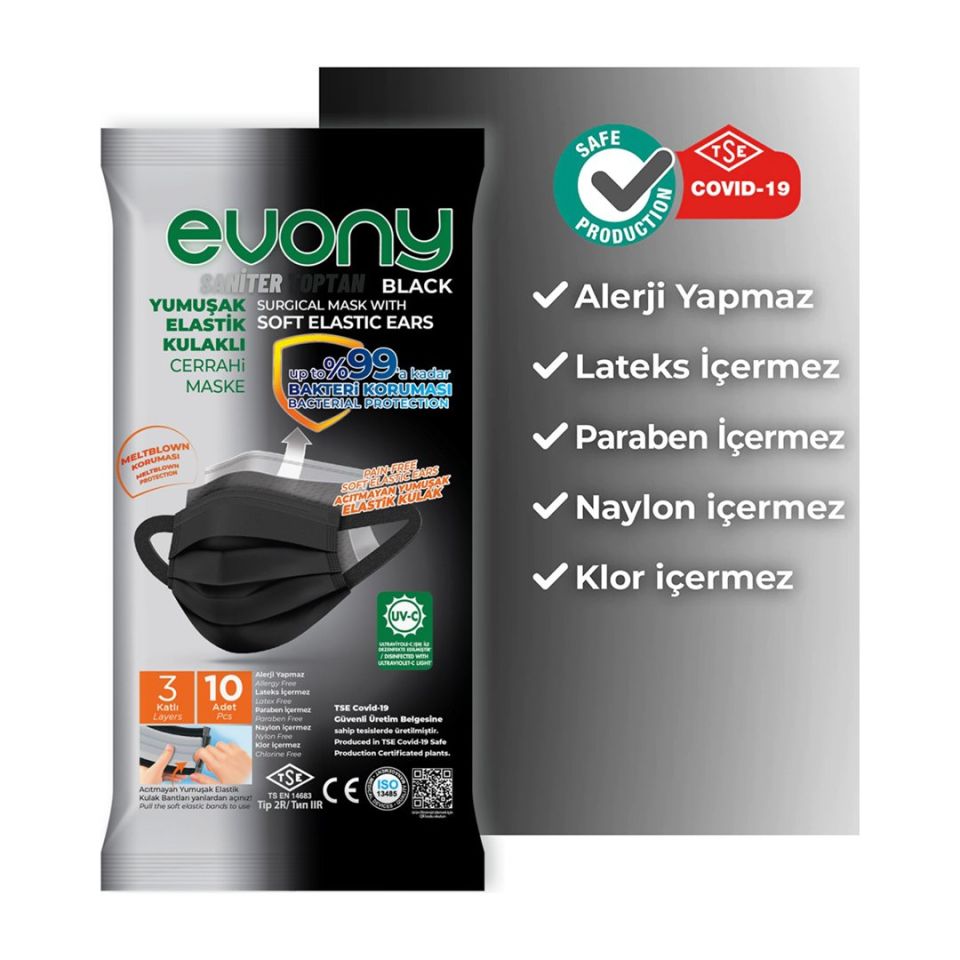Evony Black Elastik Kulaklıklı Siyah Cerrahi Maske 10'lu