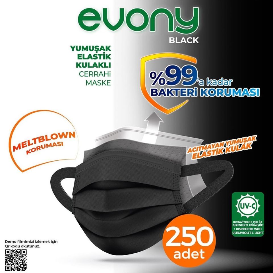 Evony Yumuşak Elastik Kulaklı Siyah Maske 50 Adet