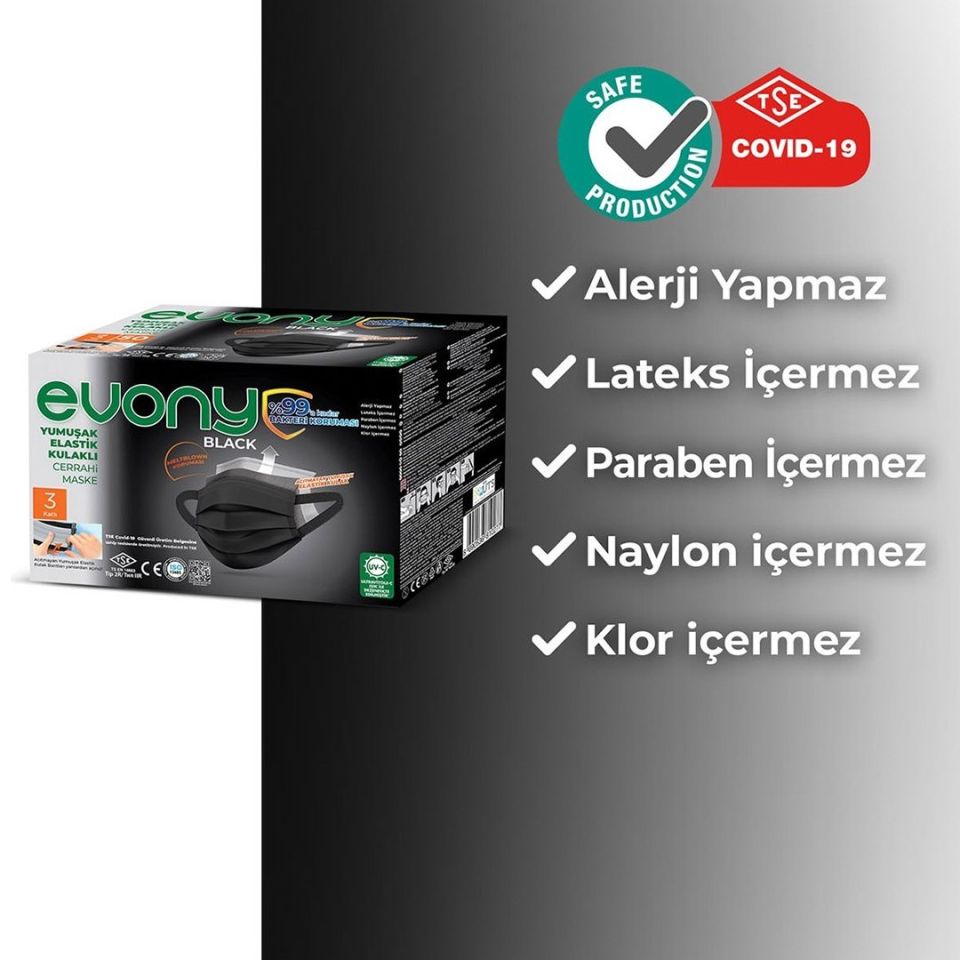 Evony Yumuşak Elastik Kulaklı Siyah Maske 50 Adet