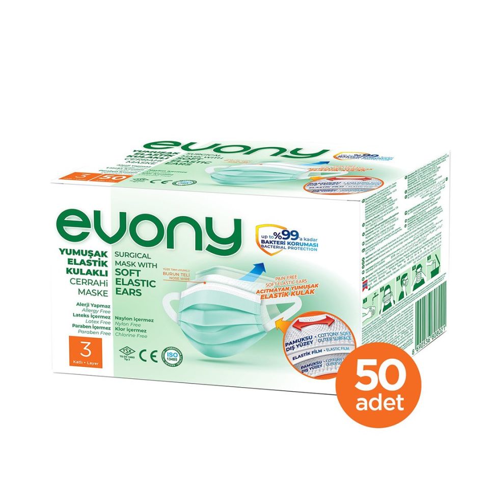 Evony Yumuşak Elastik Kulaklı Yeşil Maske 50 Adet