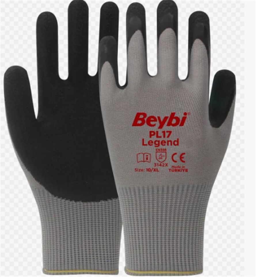 BEYBİ PL-17 10 Beden Gri-Siyah 12li Paket Legend Polyester Örme Lateks Eldiven