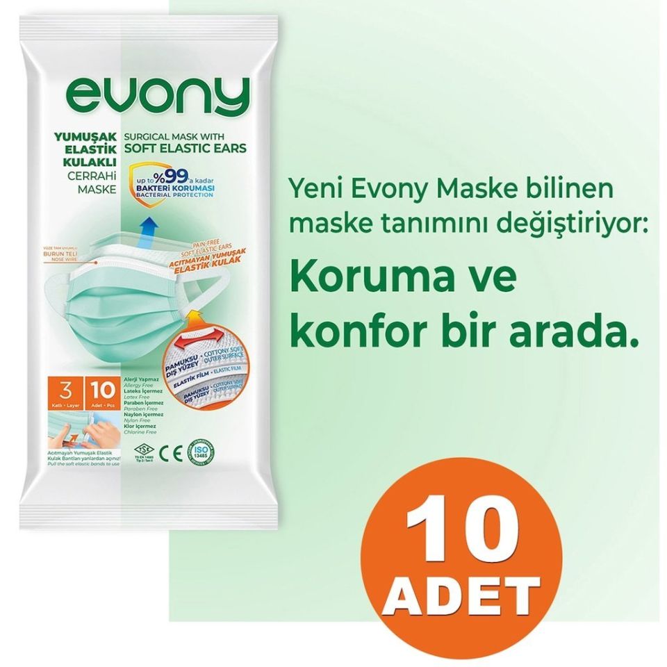 Evony Yumuşak Elastik Kulaklı Maske 10'lu