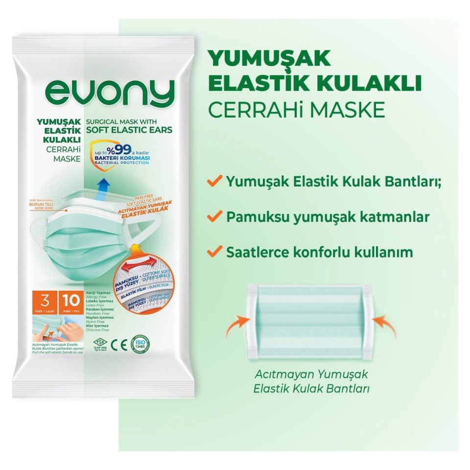 Evony Yumuşak Elastik Kulaklı Maske 10'lu