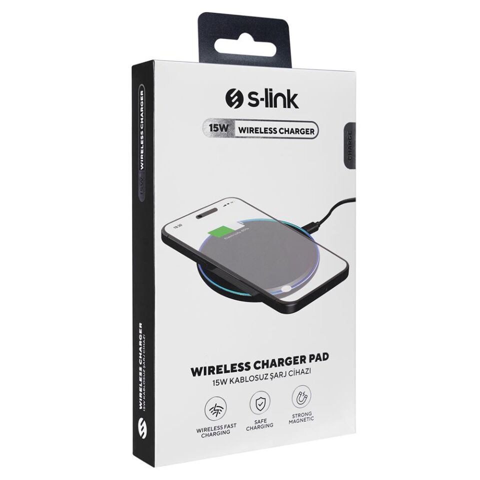 S-link SL-CWF65 Mobil Telefon Uyumlu 15W LED Logo PRM Siyah Kablosuz Şarj Cihazı