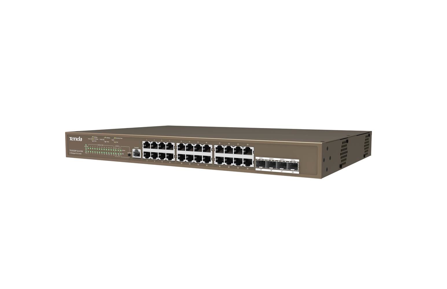 Tenda TEG5328P-24-410W 24 Port Poe+ 10-100-1000 Switch 4 Port SFP L2 Çelik Kasa Rack Mount