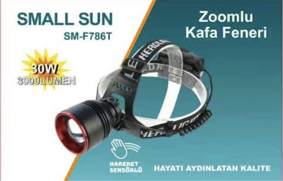 Small Sun SM-F786T Kafa Fener 30w 3000 lumen Hareket Sensörlü Zoomlu Şarjlı 3x18650 Lityum pil