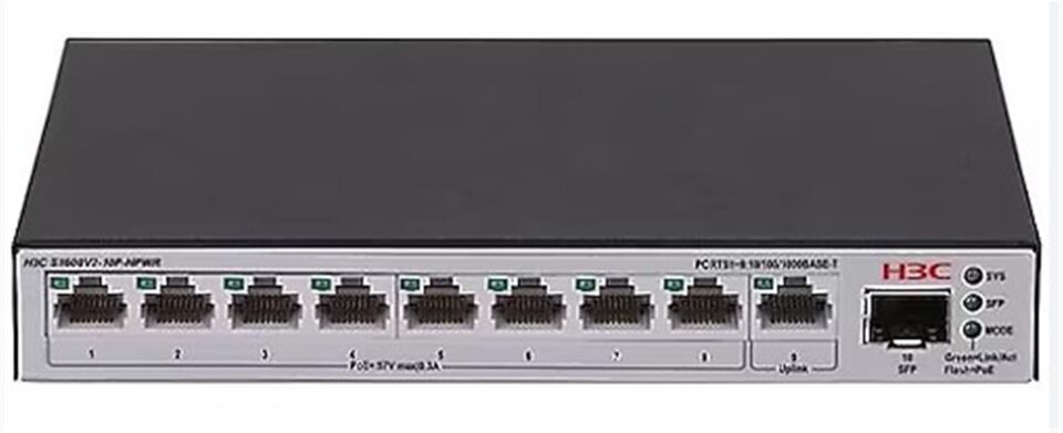 H3C S1600V2-10P-HPWR L2 9x 10-100-1000 BASE-T Ports (8x PoE+ Ports) 1x 1G SFP Port, 125W PoE+ Switch