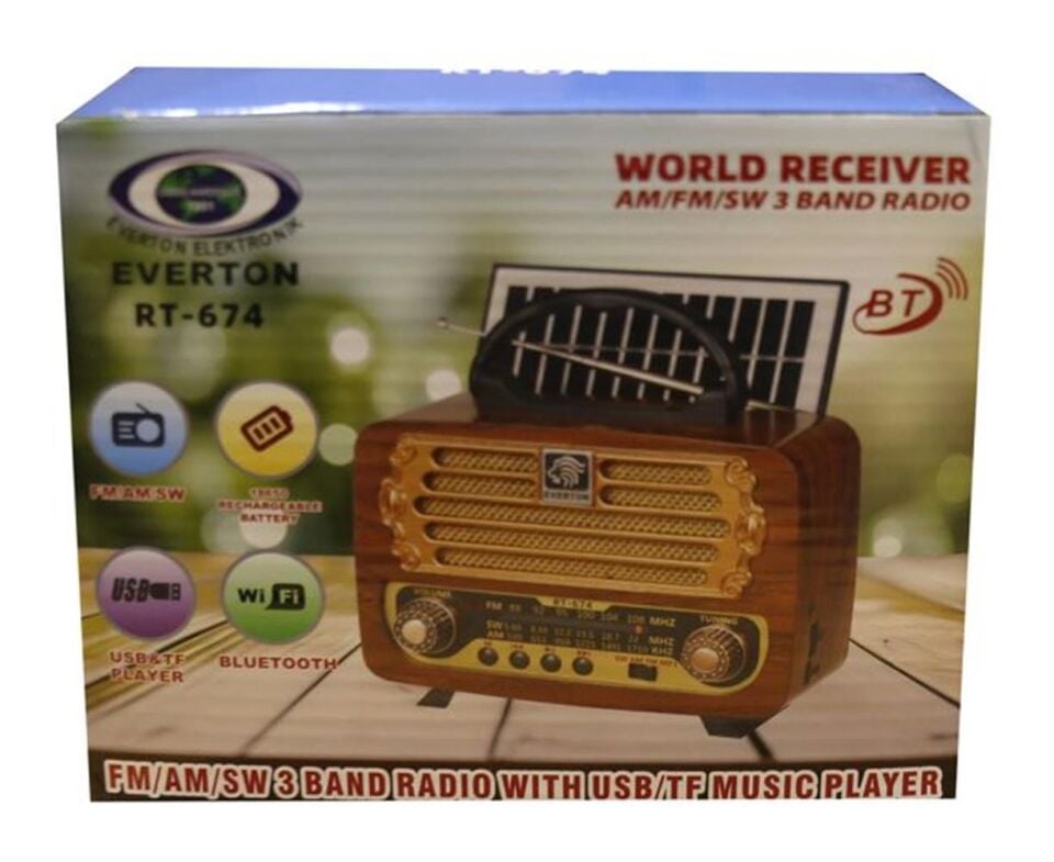 Everton RT-674  Bluetooth-USB-SD-FM Şarjlı,Solarlı  Nostaljik Radyo