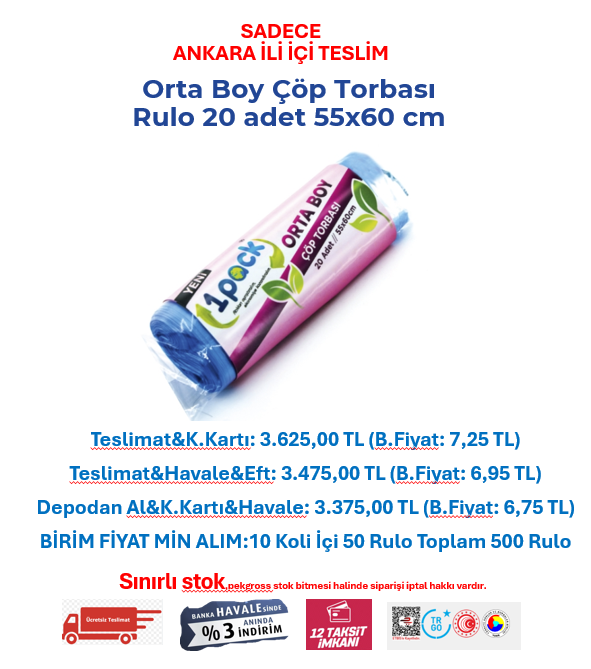 Orta Boy Çöp Torbası Rulo 20 adet 55x60 cm  t.01