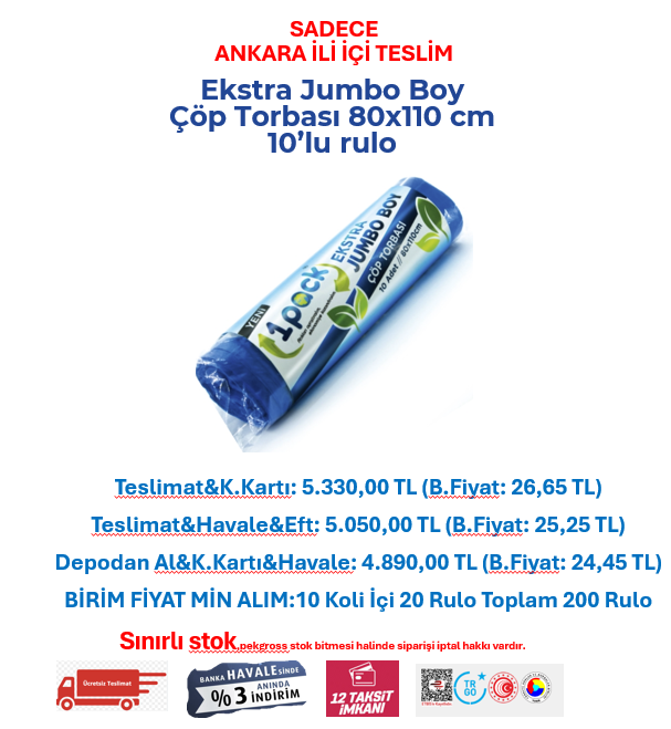 Ekstra Jumbo Boy Çöp Torbası 80x110 cm 10’lu rulo t.01