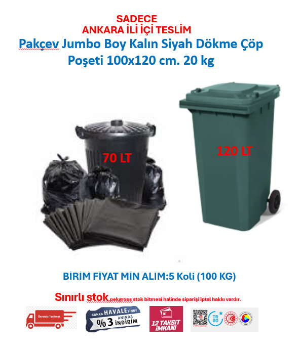 Pakçev Jumbo Boy Kalın Siyah Dökme Çöp Poşeti 100 x 120 cm. 20 Kgx5=100 Kg. t.01