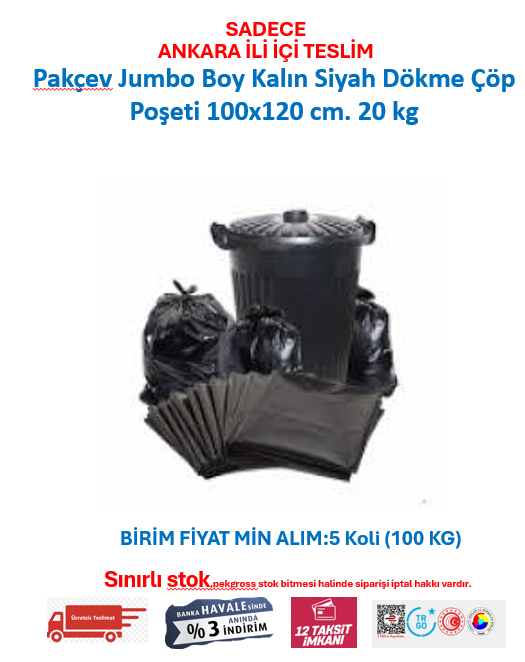 Pakçev Jumbo Boy Kalın Siyah Dökme Çöp Poşeti 100 x 120 cm. 20 Kgx5=100 Kg. t.01