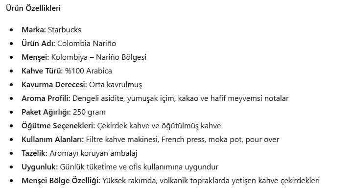 Starbucks Colombia Narino Çekirdek Kahve Ve Öğütülmüş Çeşitler 250 gr