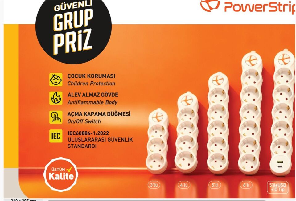 TUNCMATIK POWERSTRIP3 TSK19060 5 m IEC 66884-1:2022 Standartı, FR(Alev Almaz), anahtarlı grup priz