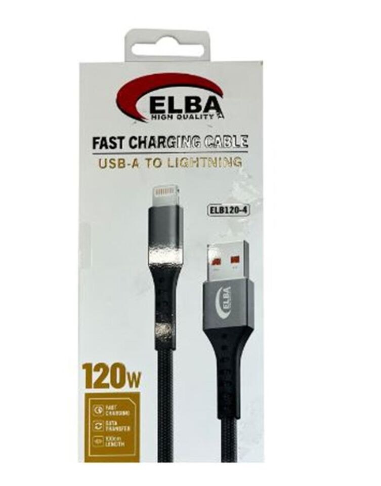 Elba Elb120-4 120w   Lightning To Usb 1Mt Siyah Örgülü  Şarj Kablosu