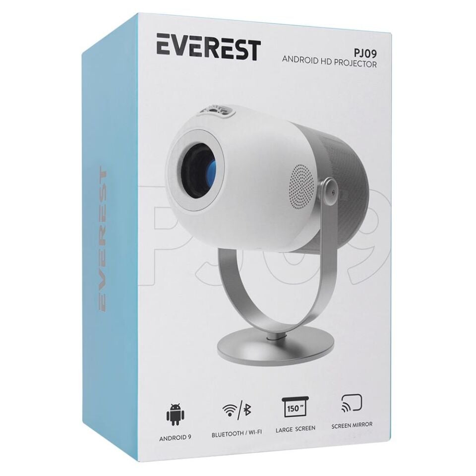 Everest PJ09 Beyaz Mini Taşı 1280-720P 4500 Lüm 150 ANSIL Android 9.0 Ekran Yansıtma HD Projeksiyon