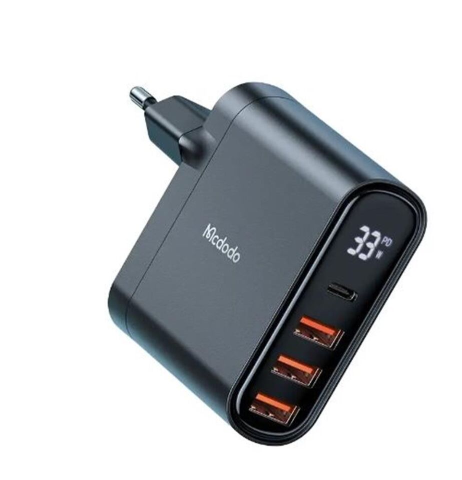 MCDODO CH-2250 33W 1xTYPE-C 3xUSB Girişli Dijital Göstergeli Şarj Adaptörü - Siyah