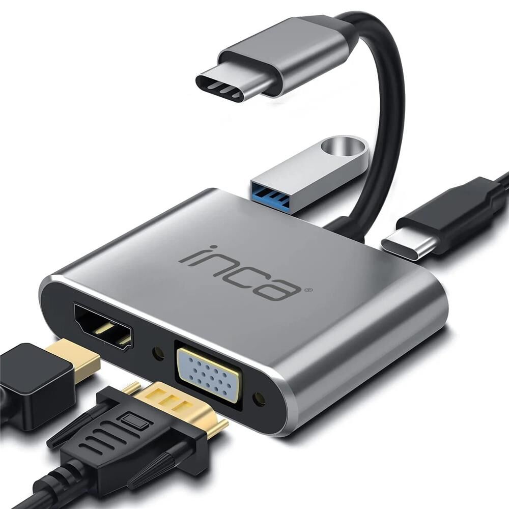 Inca ITPC-06TX USB C 4in1 – HDMI+VGA+USB+Güç Dağıtım Adap 4K@30Hz HDMI Çoklayıcı 100W PD Güçı