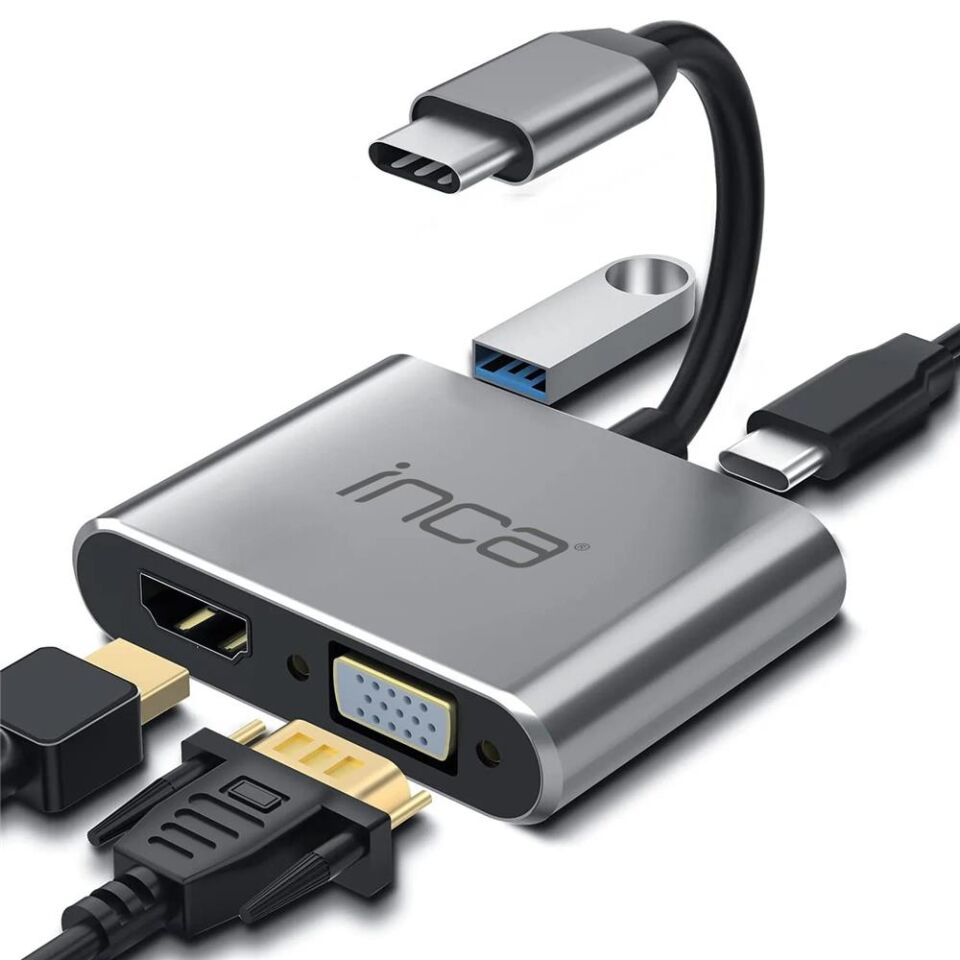 Inca ITPC-06TX USB C 4in1 – HDMI+VGA+USB+Güç Dağıtım Adap 4K@30Hz HDMI Çoklayıcı 100W PD Güçı